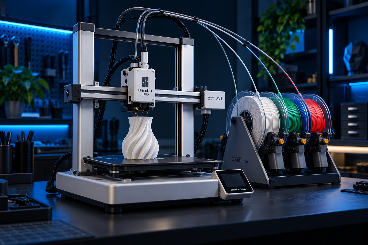 Bambu Lab A1 Combo com AMS Lite imprimindo uma peça na oficina da Voxel